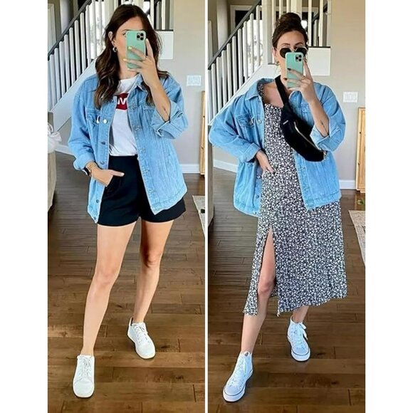 Women Blue 100% Cotton Oversized Mid Long Denim Jacket Jean Biker Coat - Picture 3 of 8